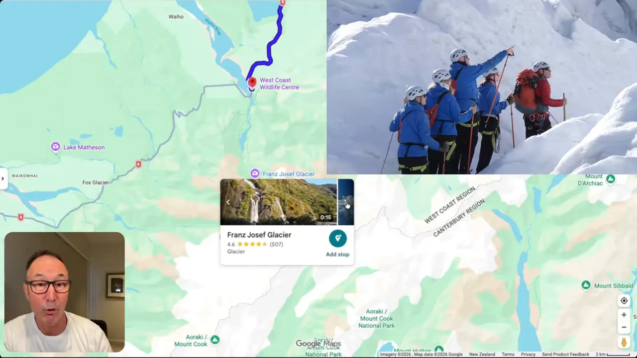 Screenshot from a South Island itinerary video showing a guided group on the Franz Josef Glacier ice