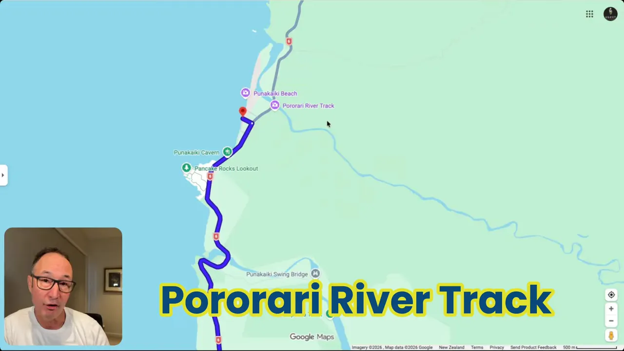 Pororari River Track route highlighted on Punakaiki area map