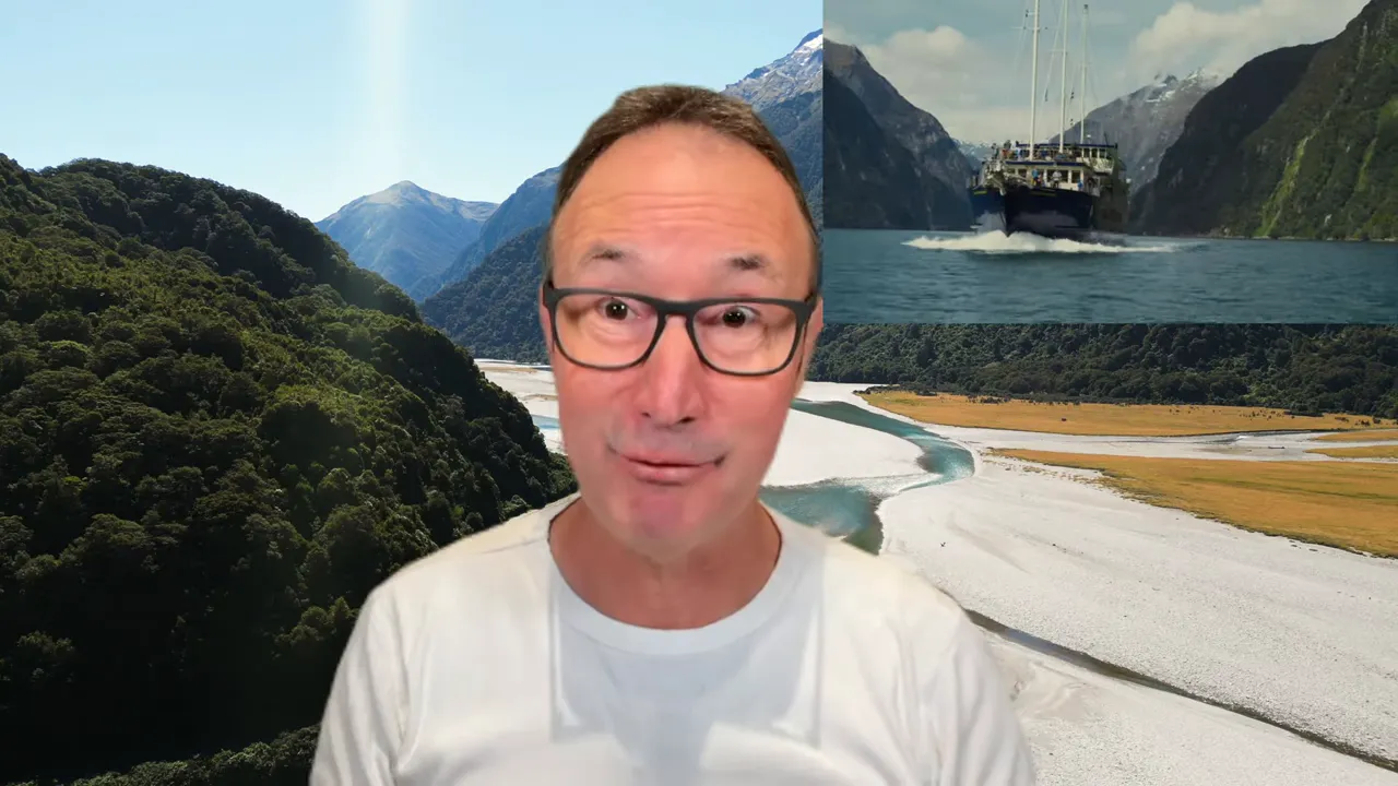 Milford Sound scenery with an inset of a cruise ship on the water