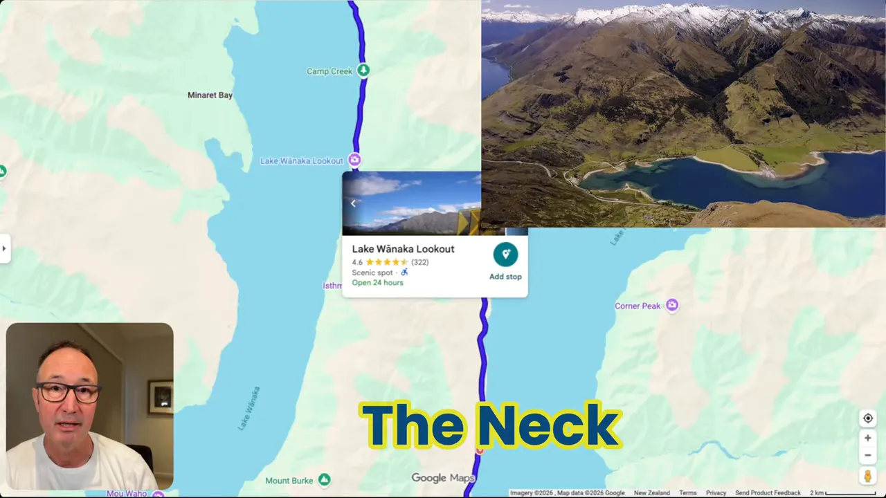 Map screenshot highlighting Lake Wānaka Lookout on the driving route toward Te Anau