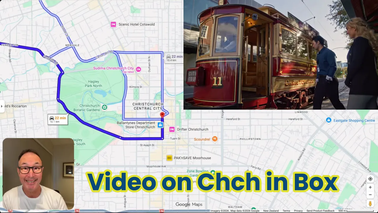 Christchurch tram at the city centre with an overlaid map route