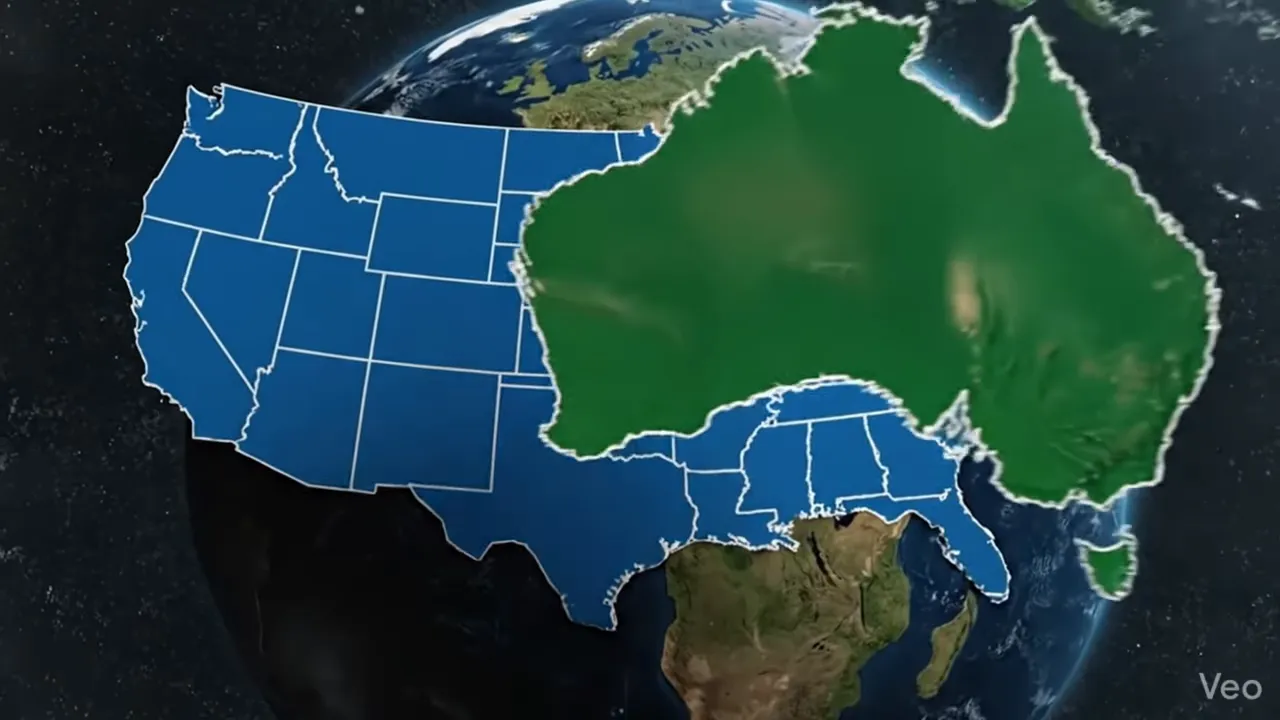 Map showing Australia overlaid on a United States map to compare relative data-lazy-sizes.