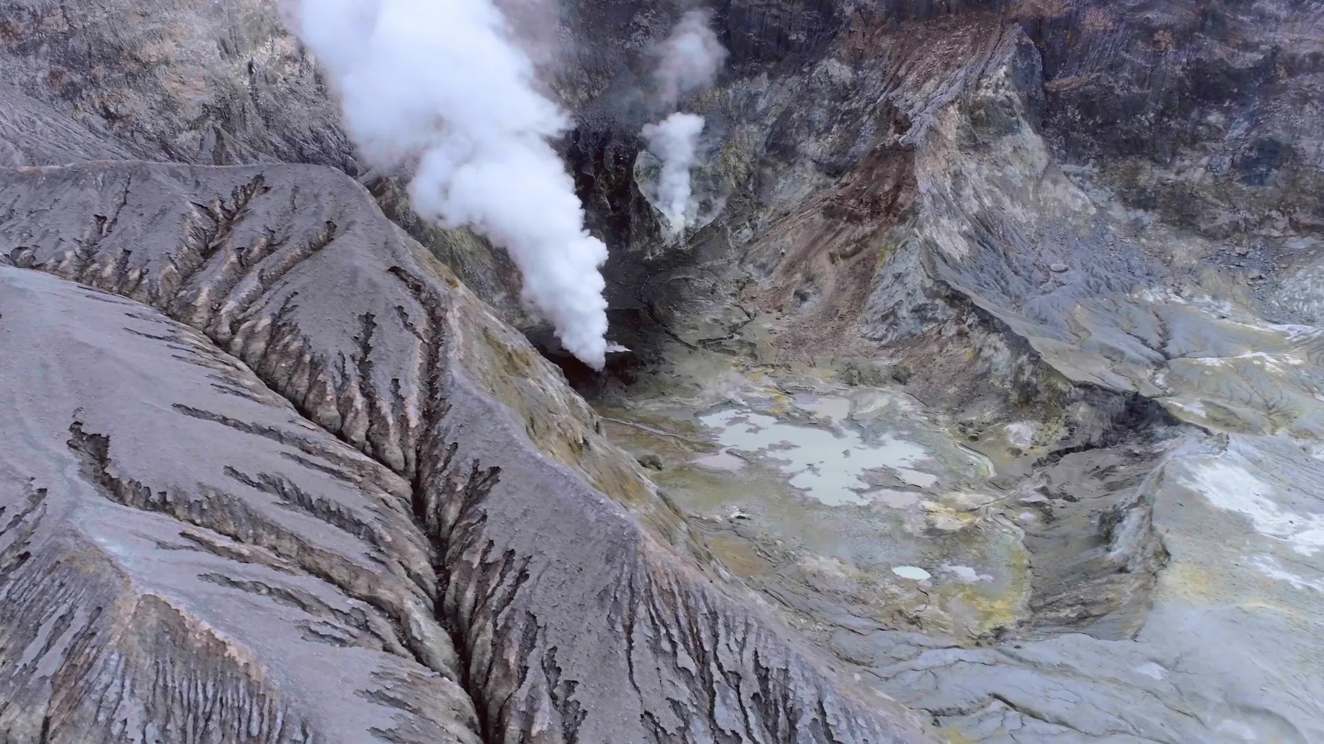 Aerial view of White Island's steaming craters