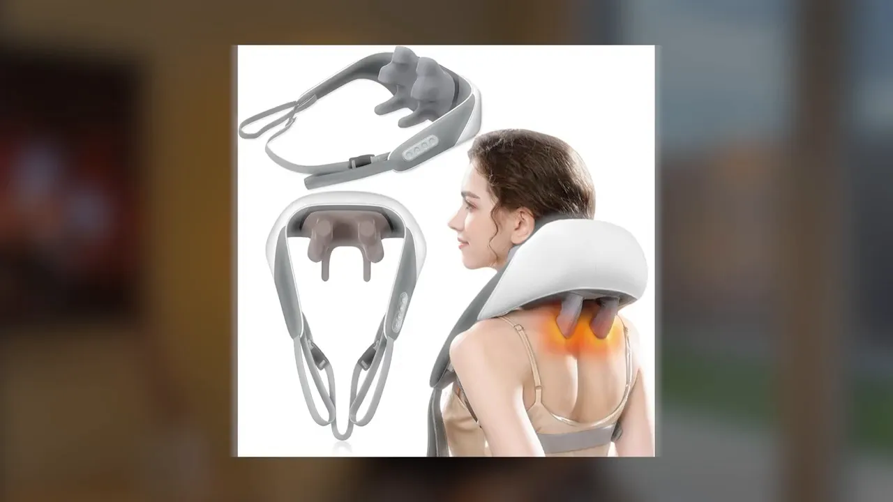 Masajeador de cuello ergonómico mostrado en varias vistas con indicación de calor en la nuca