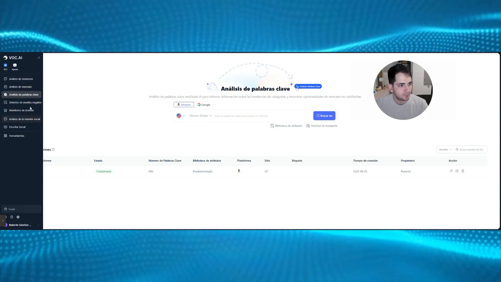 Panel de funcionalidades de Chales para análisis de palabras clave