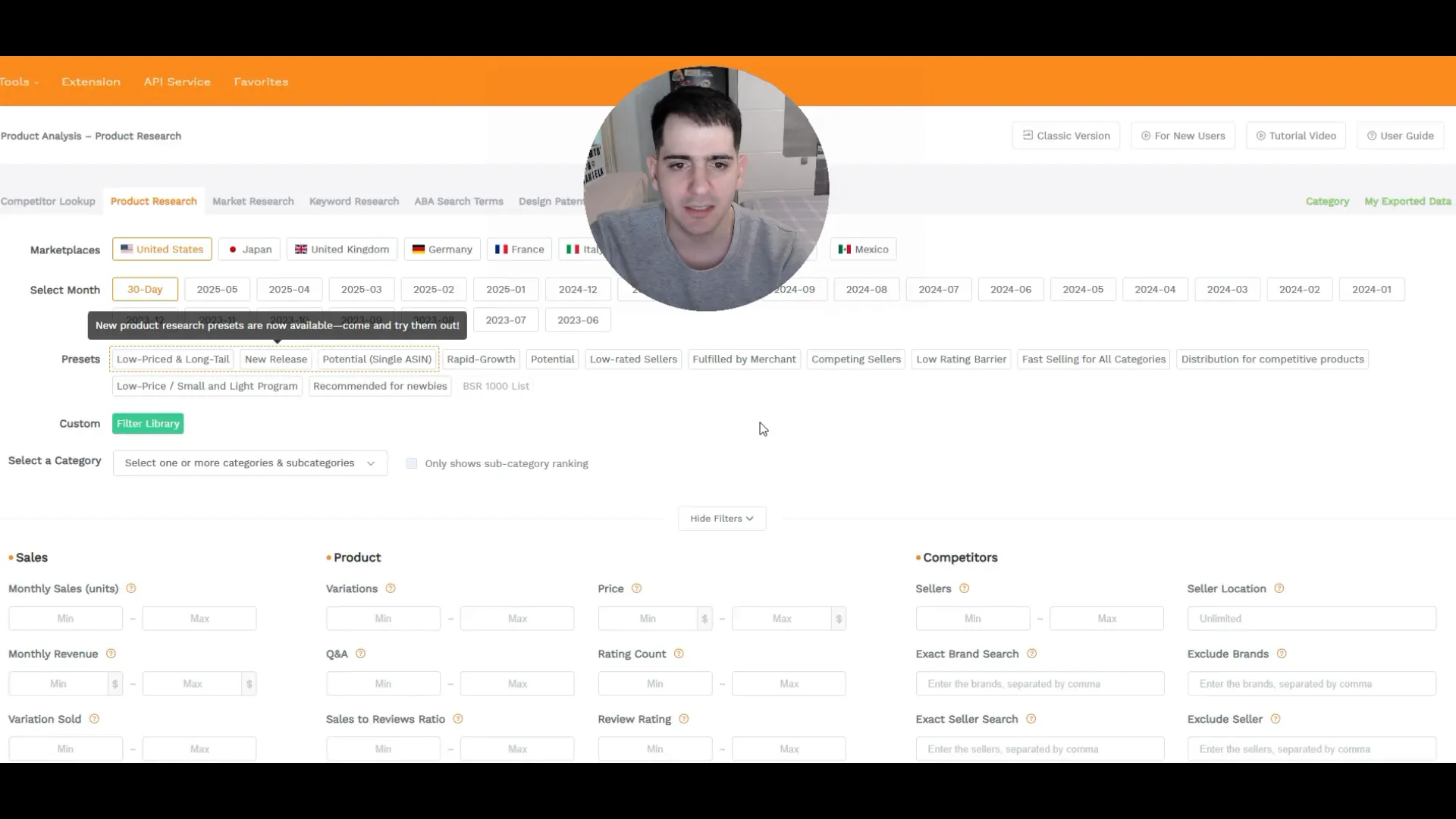 Filtros preestablecidos para búsqueda de productos en Seller Sprite