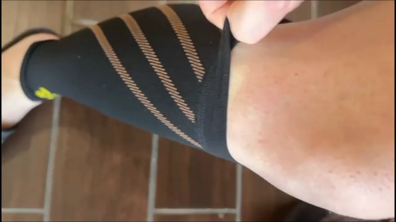 Copper compression calf sleeve close-up on the calf