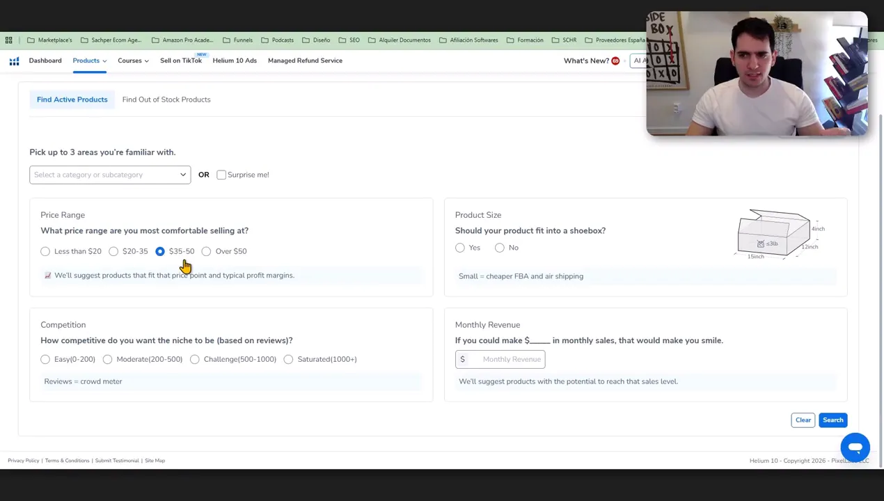 Helium 10 Black Box con filtros básicos: rango de precio, tamaño, competencia y ventas mensuales