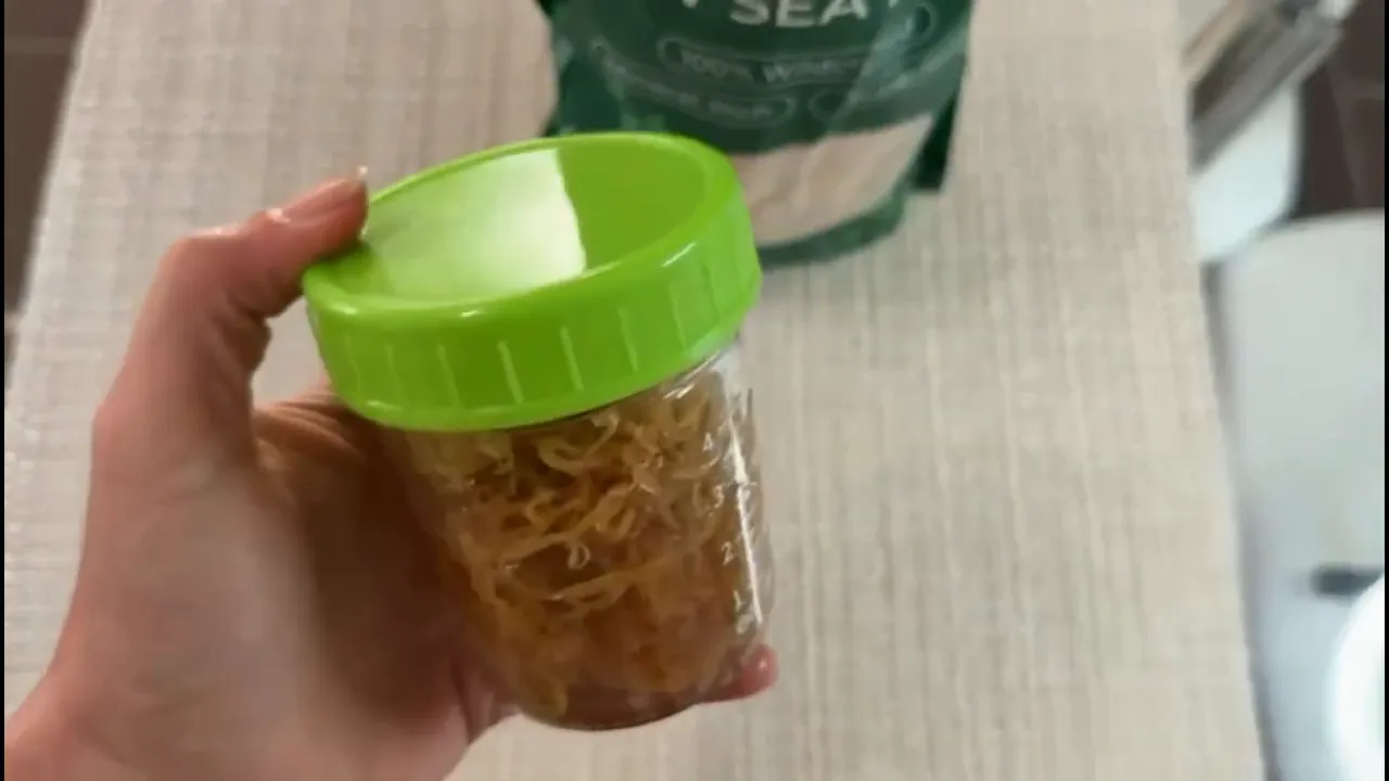 Raw Irish sea moss in a jar with green lid ready for blending into sea moss gel