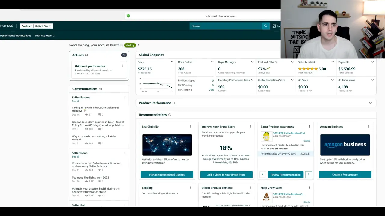Captura nítida del panel de Seller Central con el resumen de cuenta, métricas y secciones de comunicación y recomendaciones.