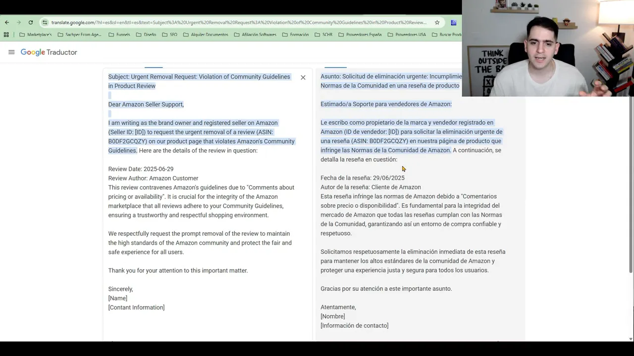 Plantilla de apelación seleccionada en Google Traductor con el asunto y el cuerpo traducido; texto claramente legible.