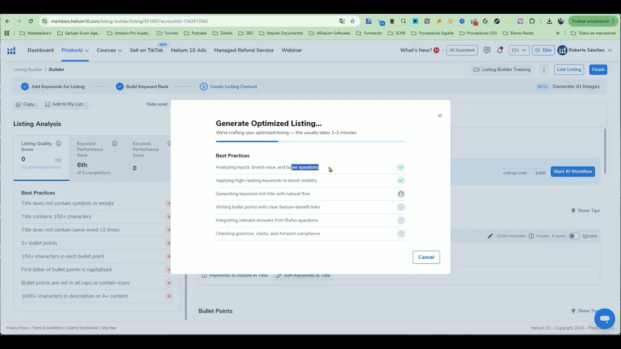 Helium 10 Listing Builder mostrando el modal Generate Optimized Listing con checklist de buenas prácticas y estado de tareas