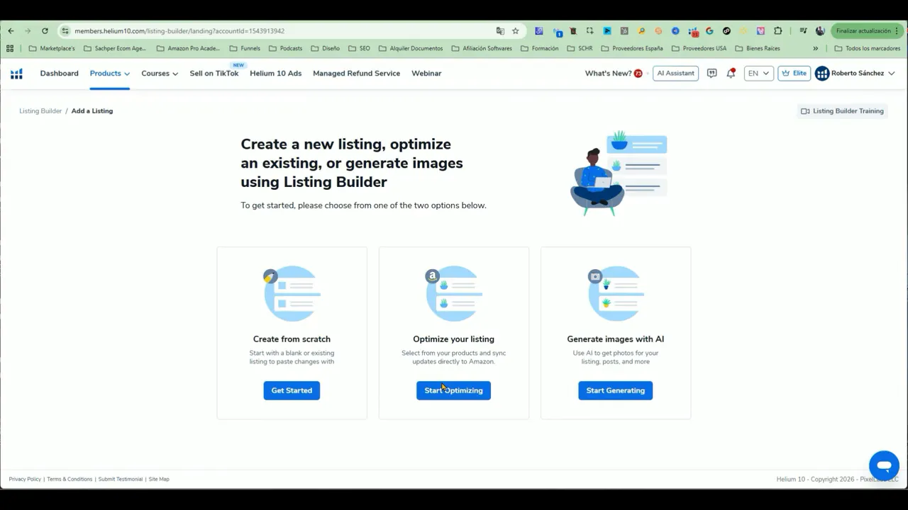 Pantalla de inicio de Helium 10 Listing Builder para crear, optimizar o generar imágenes