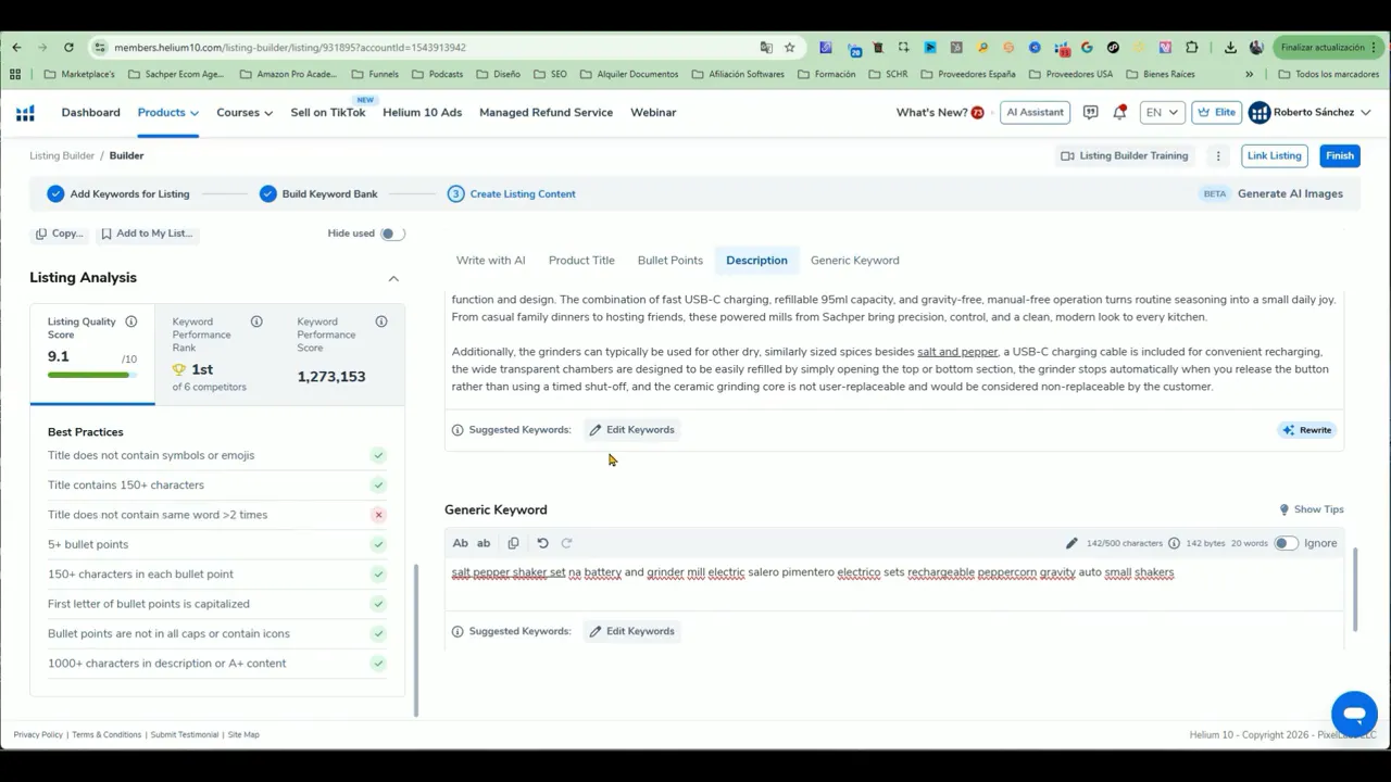 Helium 10 Listing Builder mostrando el campo de Generic Keyword y la revisión del Listing Quality Score