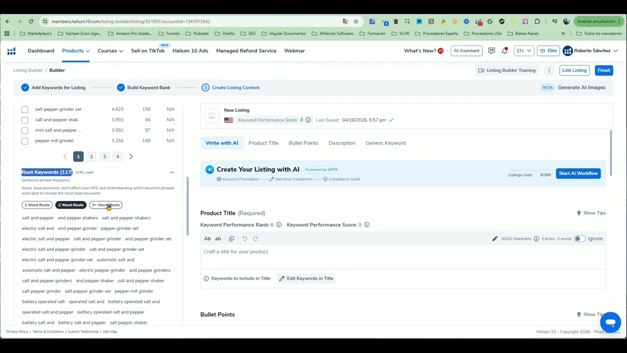 Helium 10 Listing Builder mostrando banco de keywords y editor de “Create Listing Content” con IA