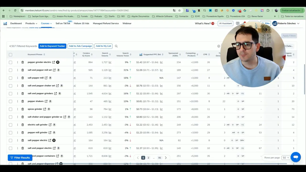Helium 10 Cerebro: tabla de keywords filtradas lista para seleccionar y exportar