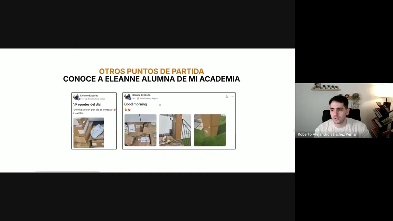 Diapositiva con encabezado y varias capturas de publicaciones mostrando paquetes y entregas.