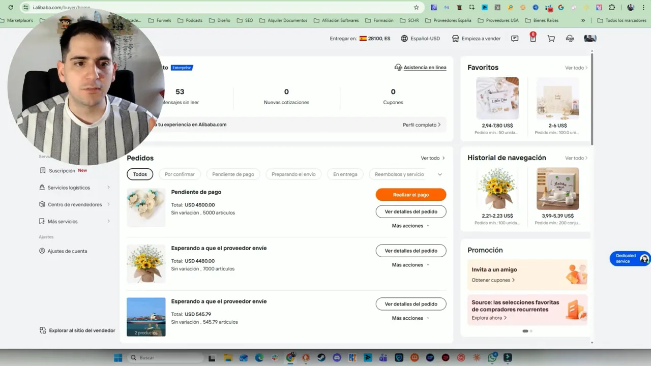 Interfaz de cuenta de Alibaba con sección de pedidos y perfil completo para inspirar confianza en proveedores