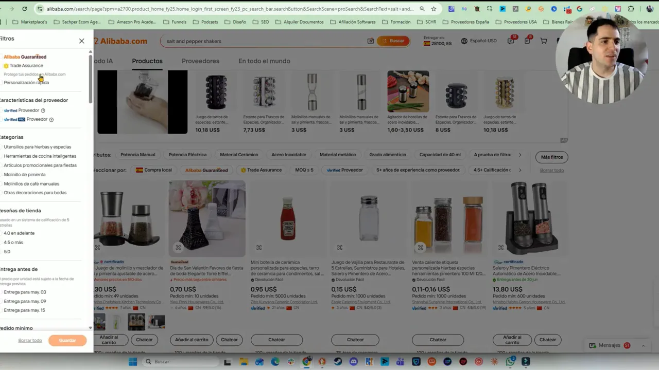 Panel de filtros en Alibaba abierto mostrando opciones para filtrar proveedores