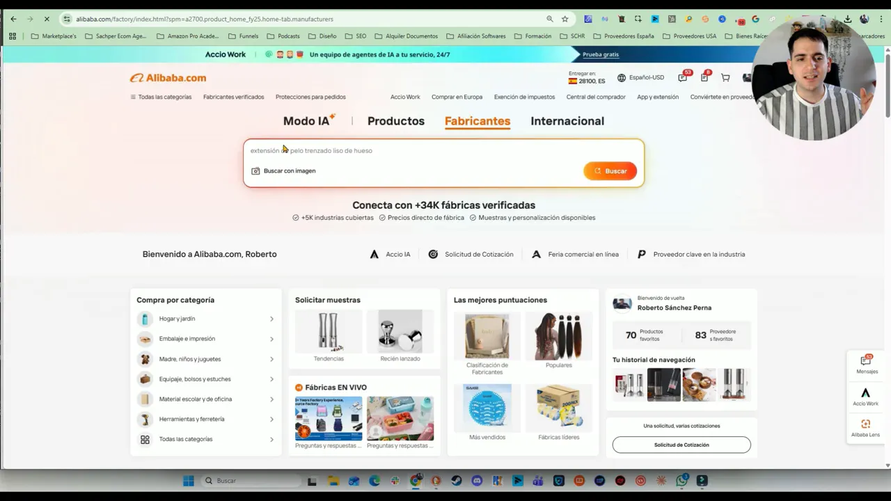 Página de Alibaba en Fabricantes con opciones de búsqueda y acceso a fábricas