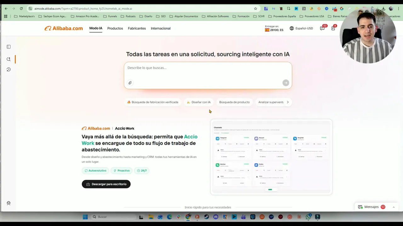 Accio Work en Alibaba mostrando canales y flujo de sourcing con IA