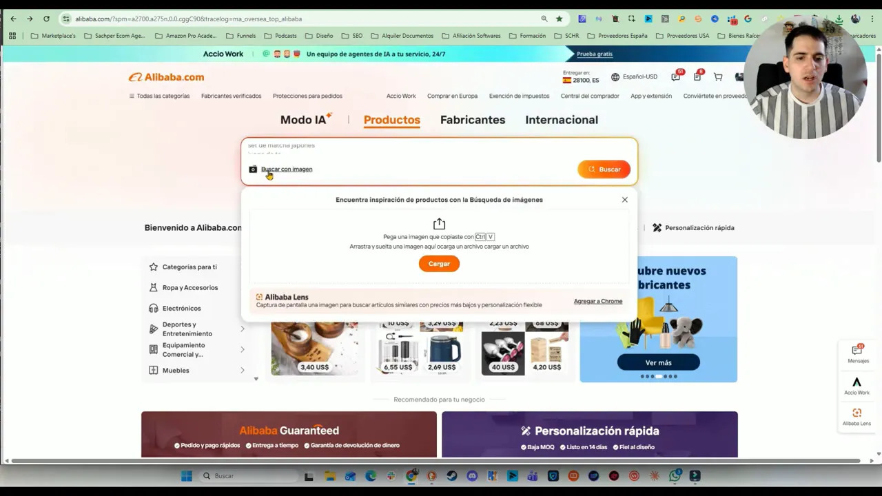 Alibaba en modo búsqueda por imagen con ventana para cargar una foto y encontrar productos similares