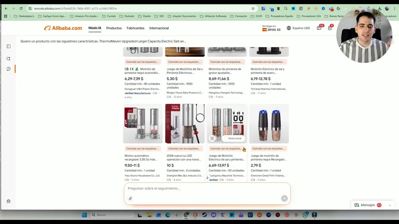 Resultados de búsqueda en Accio Work de Alibaba con proveedores sugeridos y coincidencias de requisitos