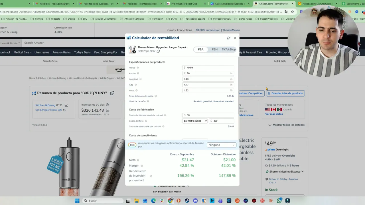 Calculadora de rentabilidad en Amazon mostrando especificaciones y resultados de margen para decidir precio máximo de adquisición