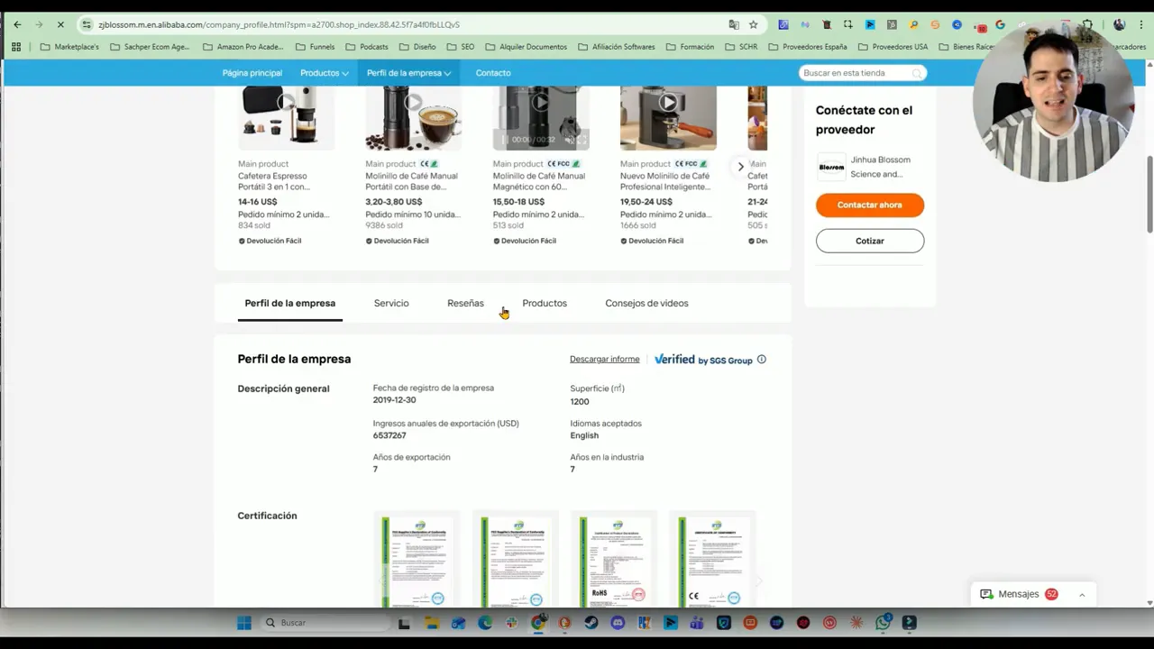 Perfil de proveedor en Alibaba con sección de perfil de empresa, datos e informe de verificación