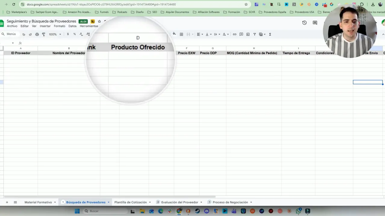 Hoja de cálculo en Google Sheets para registrar y comparar proveedores en Alibaba: precios FOB, EXW y DDP, MOQ y condiciones