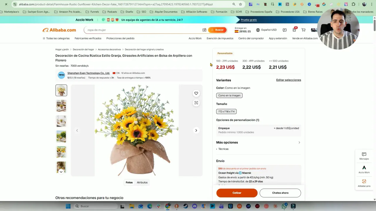 Ficha de producto en Alibaba mostrando fotos, variantes, precios por cantidad y datos del proveedor