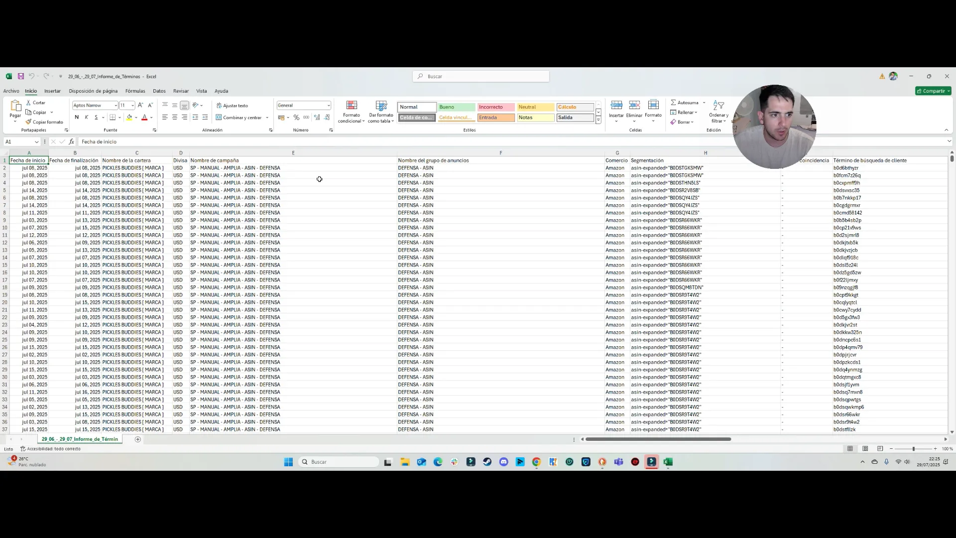 Descarga y organización de informe PPC en Excel