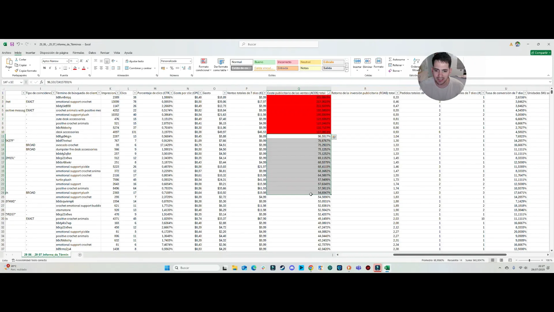 Ejemplo de clasificación de palabras clave por ACOS en Excel