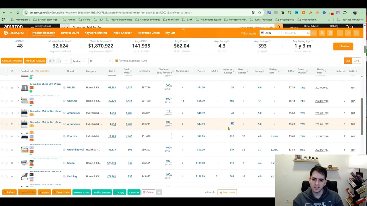 Panel de SellerSprite mostrando ASINs, ventas mensuales, ingresos y precio medio para grounding mats