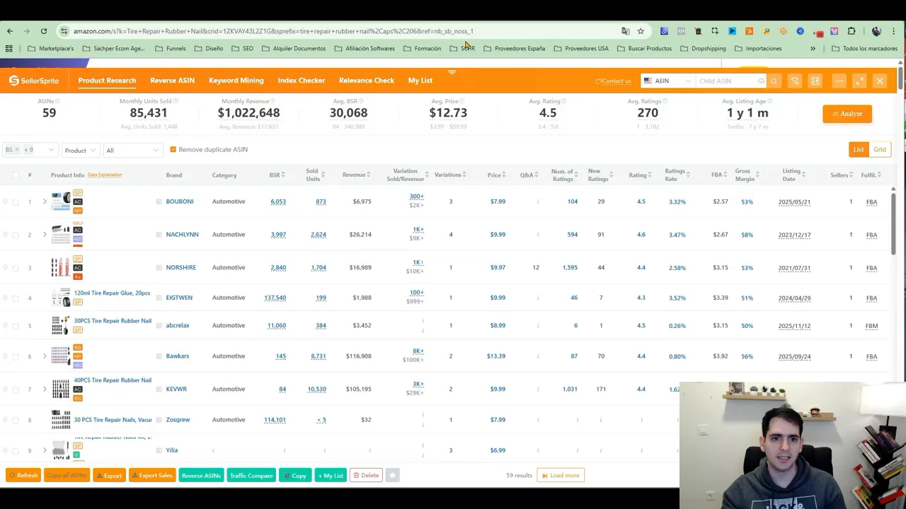 Captura de SellerSprite mostrando ventas mensuales, ingresos, precio promedio y número de reseñas de productos