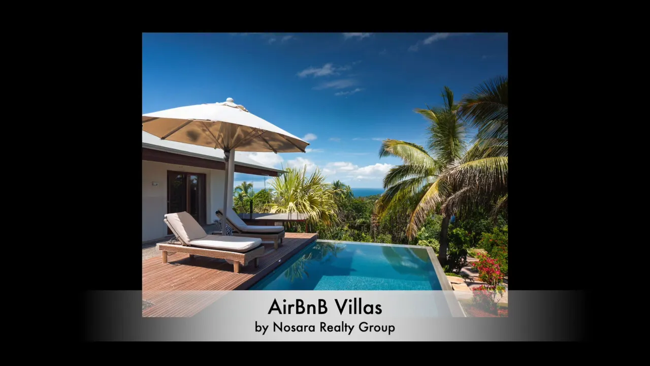 Thatched-roof villa with pool, palm trees, and partial ocean view