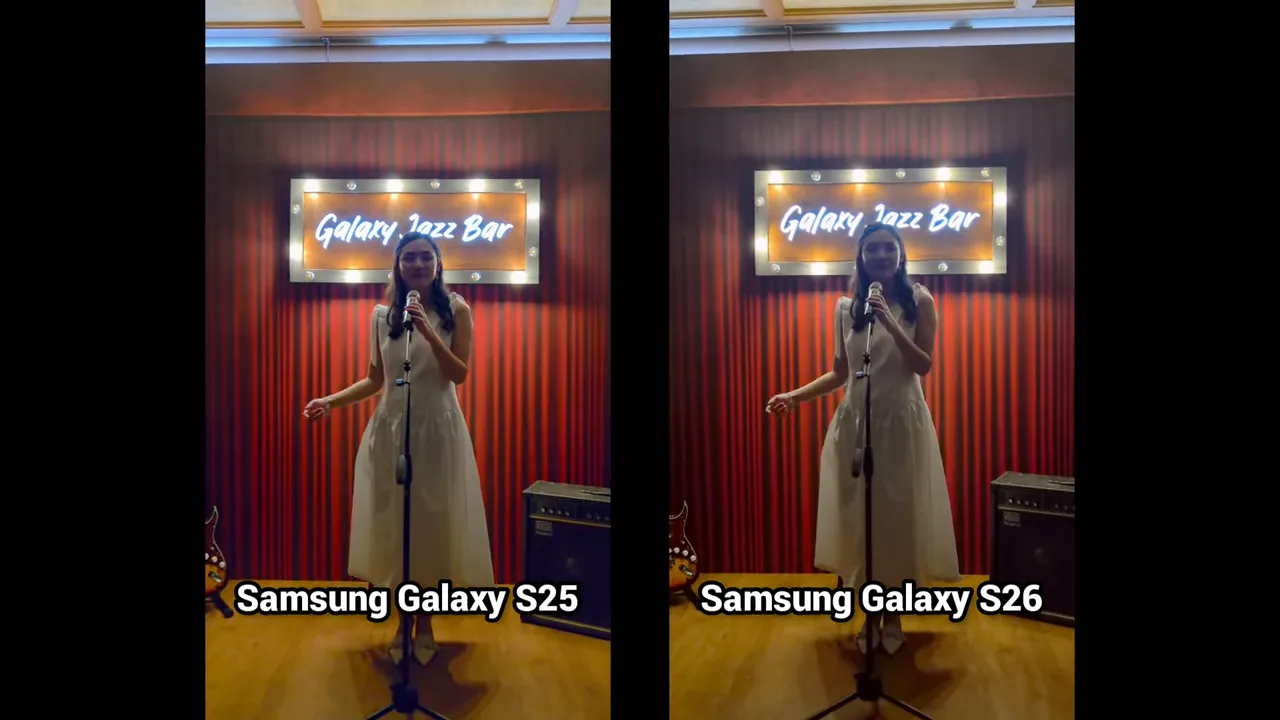 Close-up perbandingan berdampingan Samsung Galaxy S25 dan S26 menampilkan penyanyi di panggung 'Galaxy Jazz Bar' dengan pencahayaan rendah.