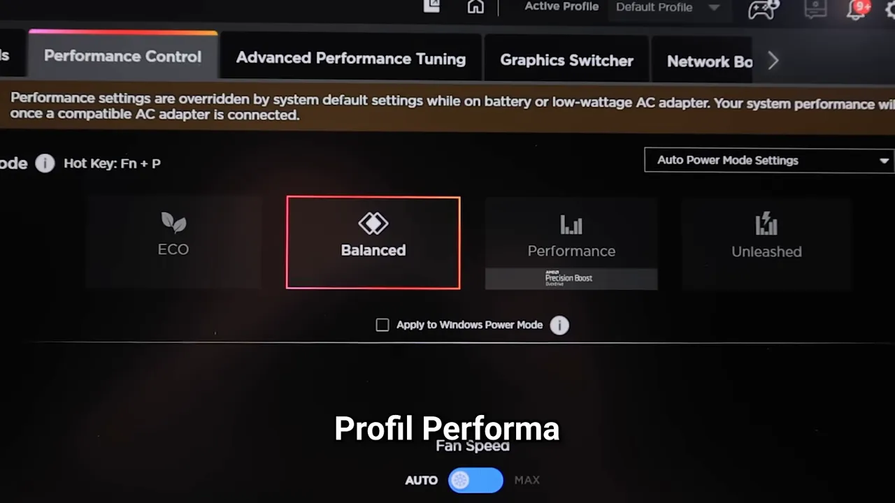 Antarmuka Omen Gaming Hub menampilkan tab Performance Control dan kotak 'Balanced' yang disorot, cocok menjelaskan mode uji performa