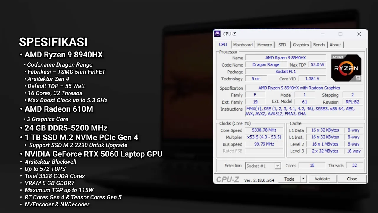 slide spesifikasi HP Omen 16 dengan daftar fitur dan jendela CPU-Z menunjukkan AMD Ryzen 9 8940HX