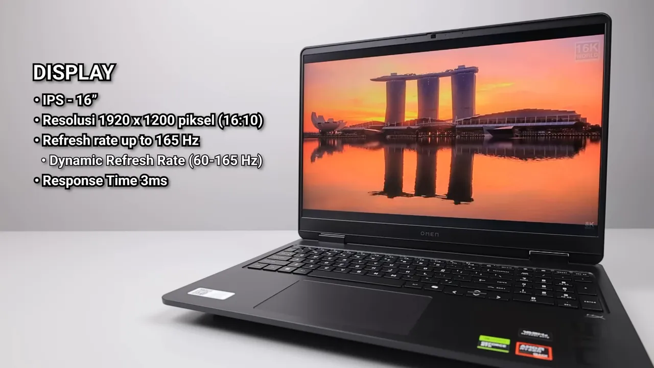 HP Omen 16 menampilkan layar 16:10 dengan overlay spesifikasi resolusi 1920x1200 dan refresh rate 165Hz