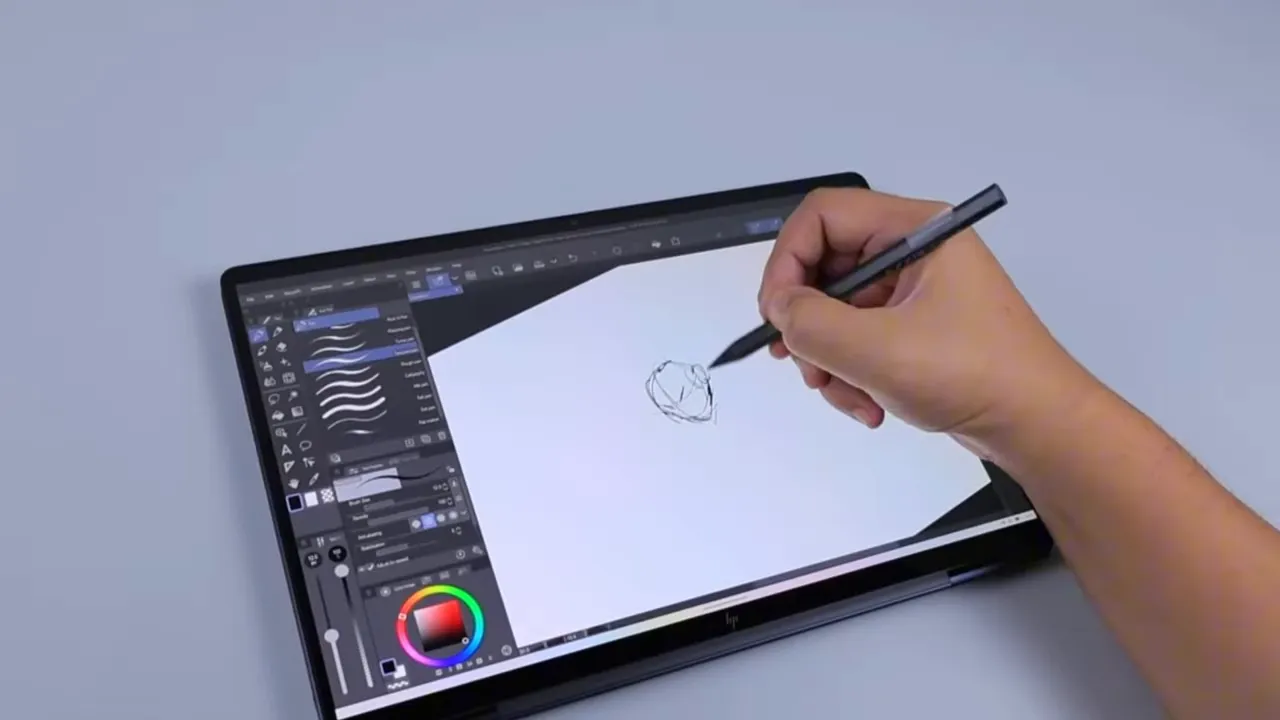 HP OmniBook diposisikan sebagai tablet dan digunakan dengan stylus untuk menggambar