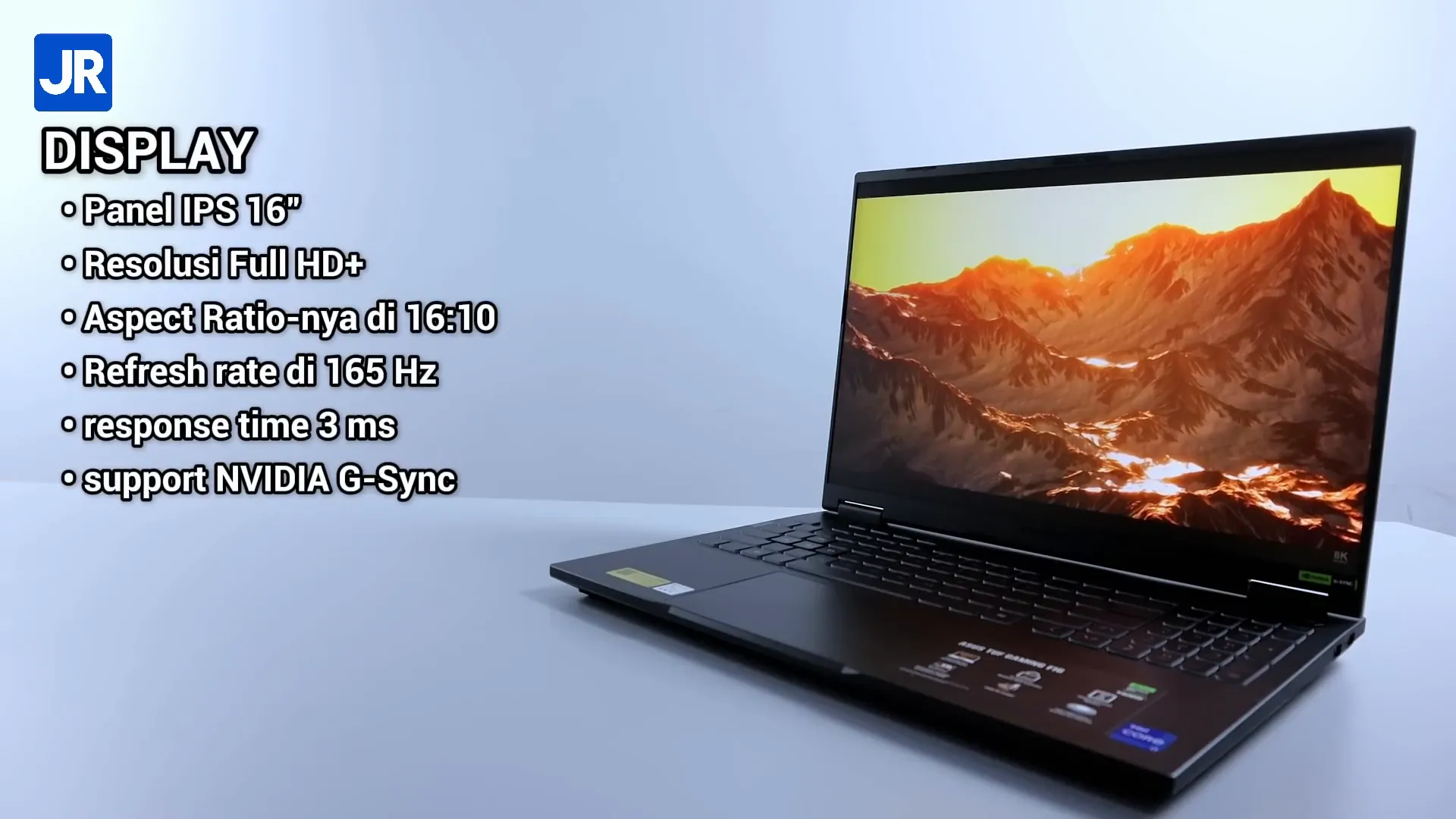 Layar ASUS TUF Gaming F16 dengan refresh rate 165 Hz dan 100% sRGB