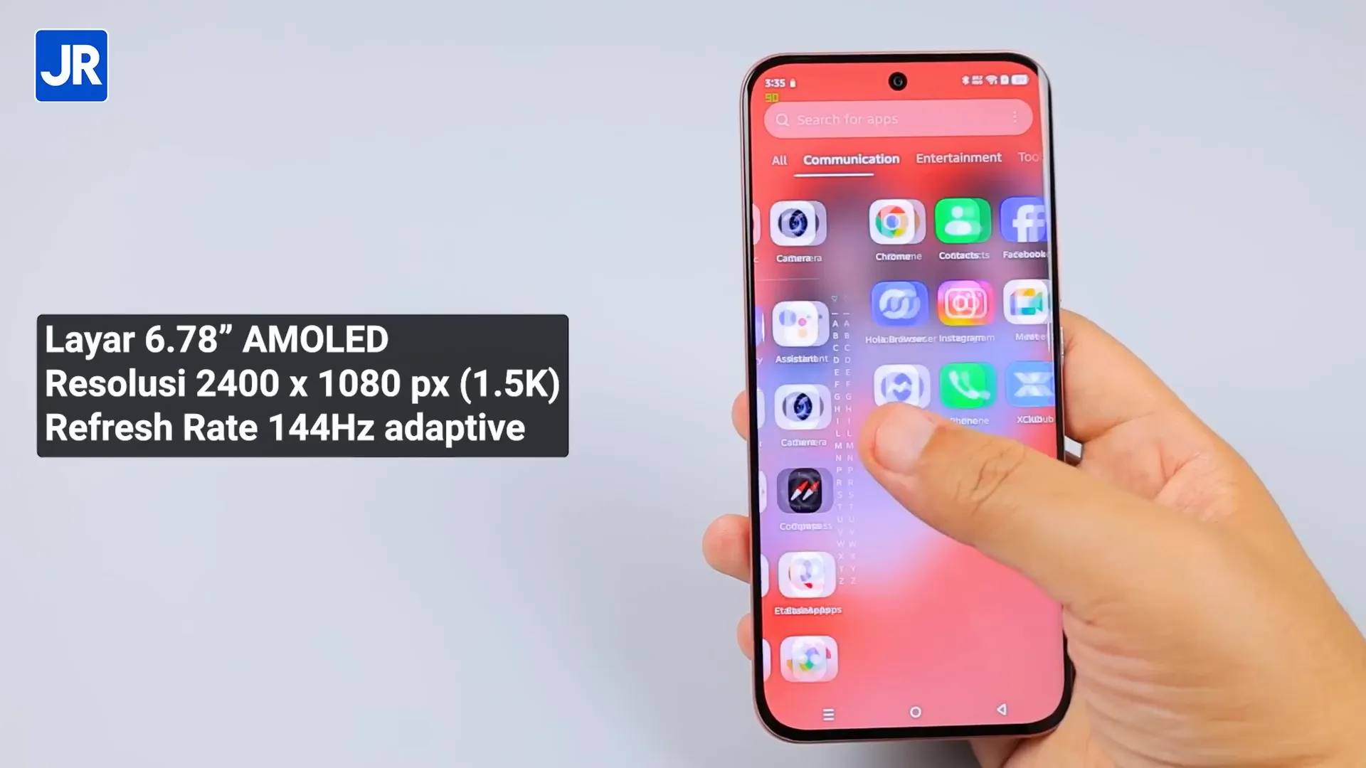Close-up layar AMOLED 6,78 inci dengan antarmuka settings menampilkan refresh rate