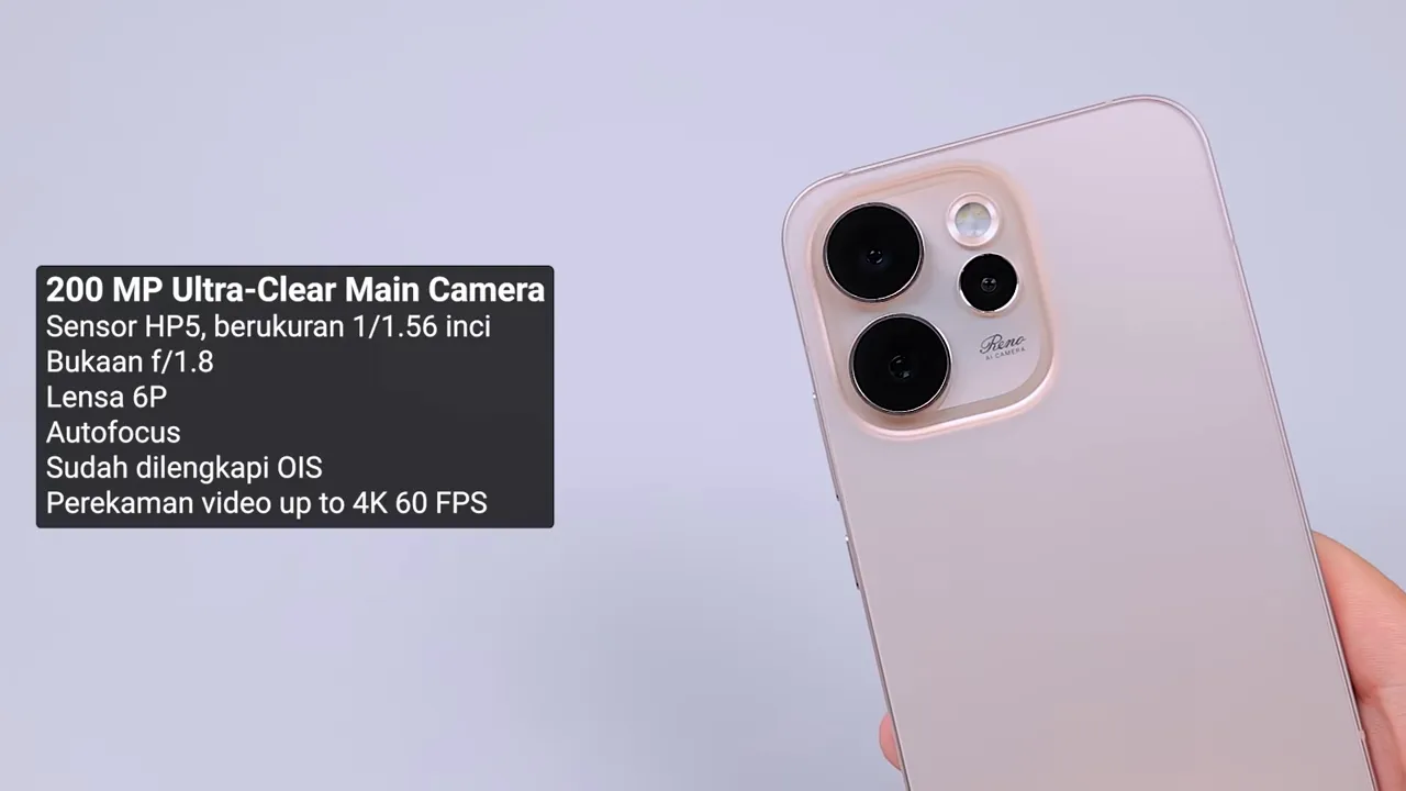 OPPO Reno15 Pro Max dilihat dari belakang menampilkan modul tiga kamera dan panel teks lengkap yang menjelaskan '200 MP Ultra‑Clear Main Camera' serta spesifikasi sensor HP5, bukaan f/1.8, OIS, dan perekaman up to 4K 60 FPS