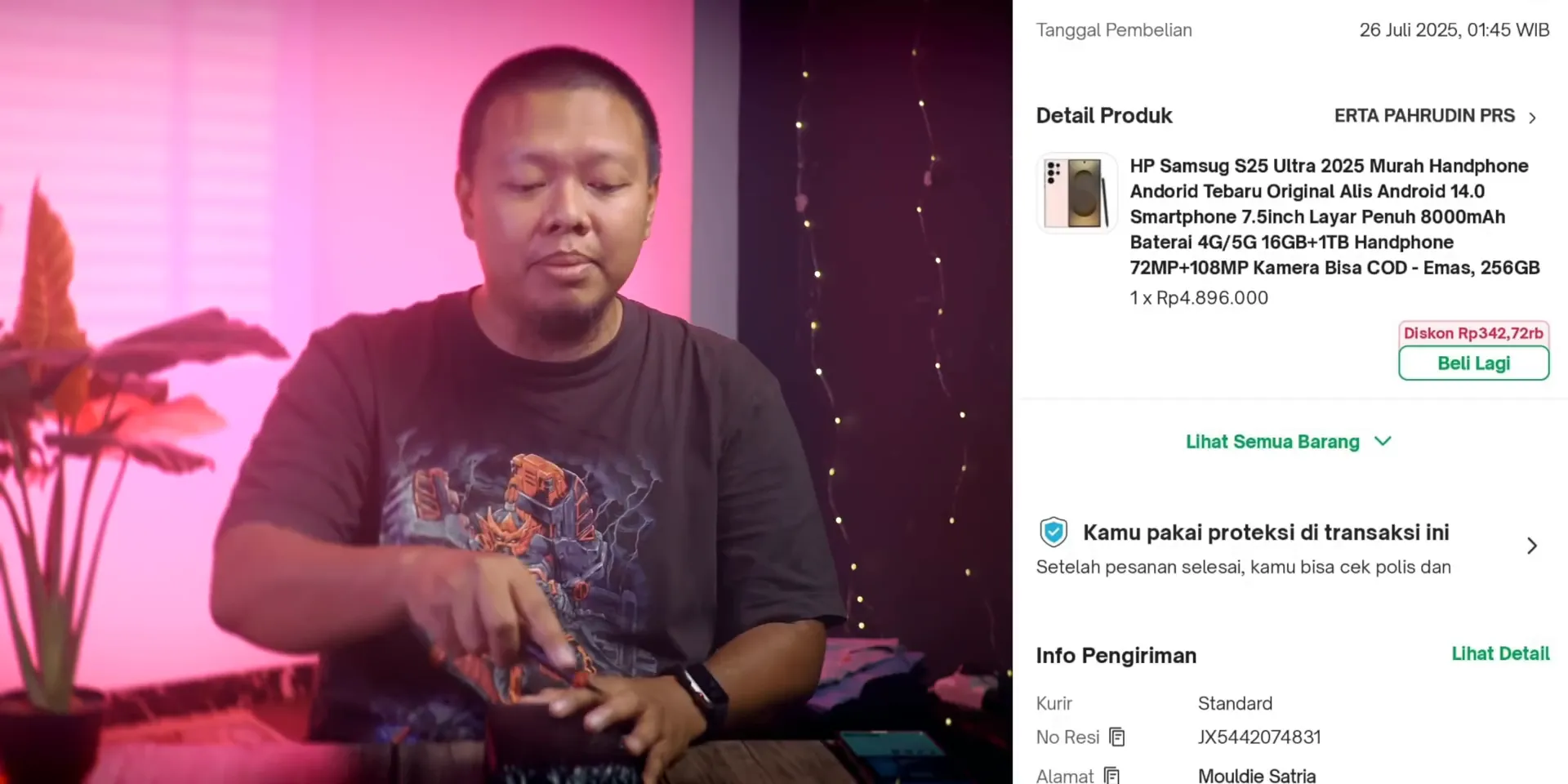 Screenshot pembelian Samsung S25 Ultra palsu dengan harga murah
