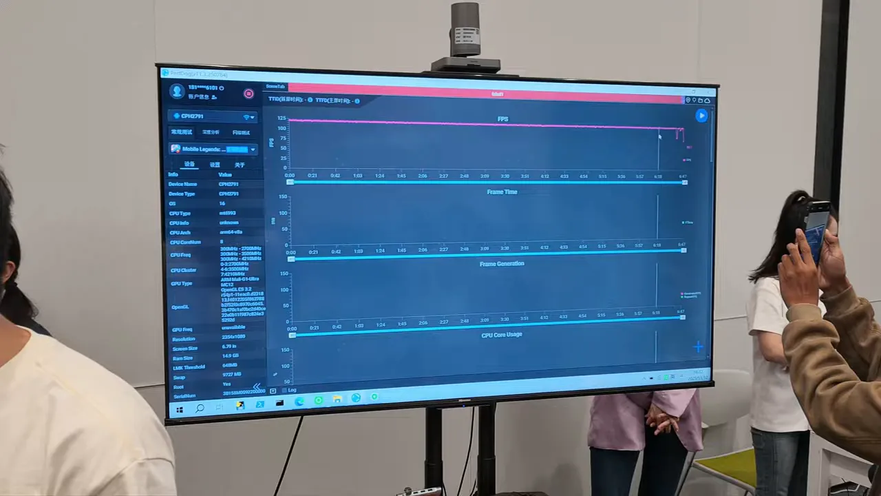 Layar monitor menampilkan grafik FPS, frame time, dan penggunaan CPU saat pengujian game