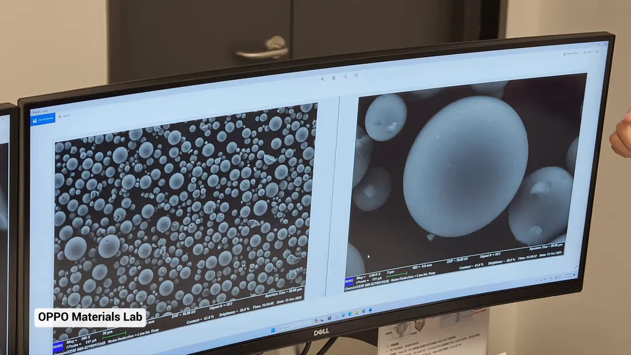 Citra SEM partikel silicon carbon berbentuk sferis di monitor OPPO Materials Lab