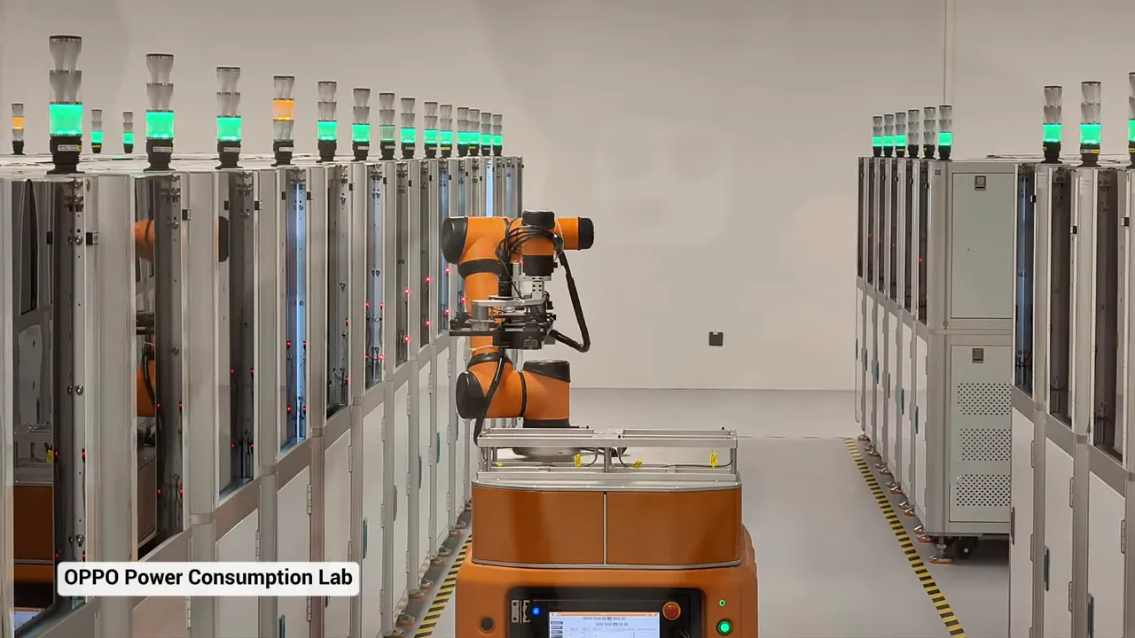 Lengan robot oranye yang bergerak di antara rak pengujian di lab konsumsi daya OPPO.