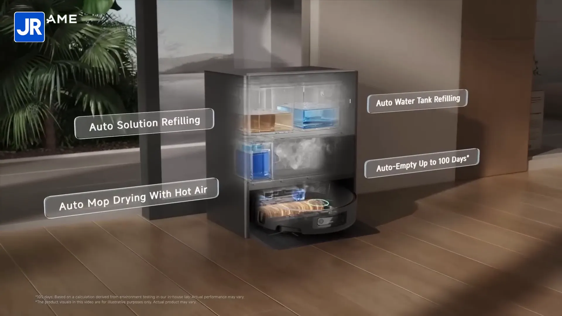 Base station Dreame Aqua 10 Pro Track terbuka memperlihatkan tangki air dan dispenser solusi