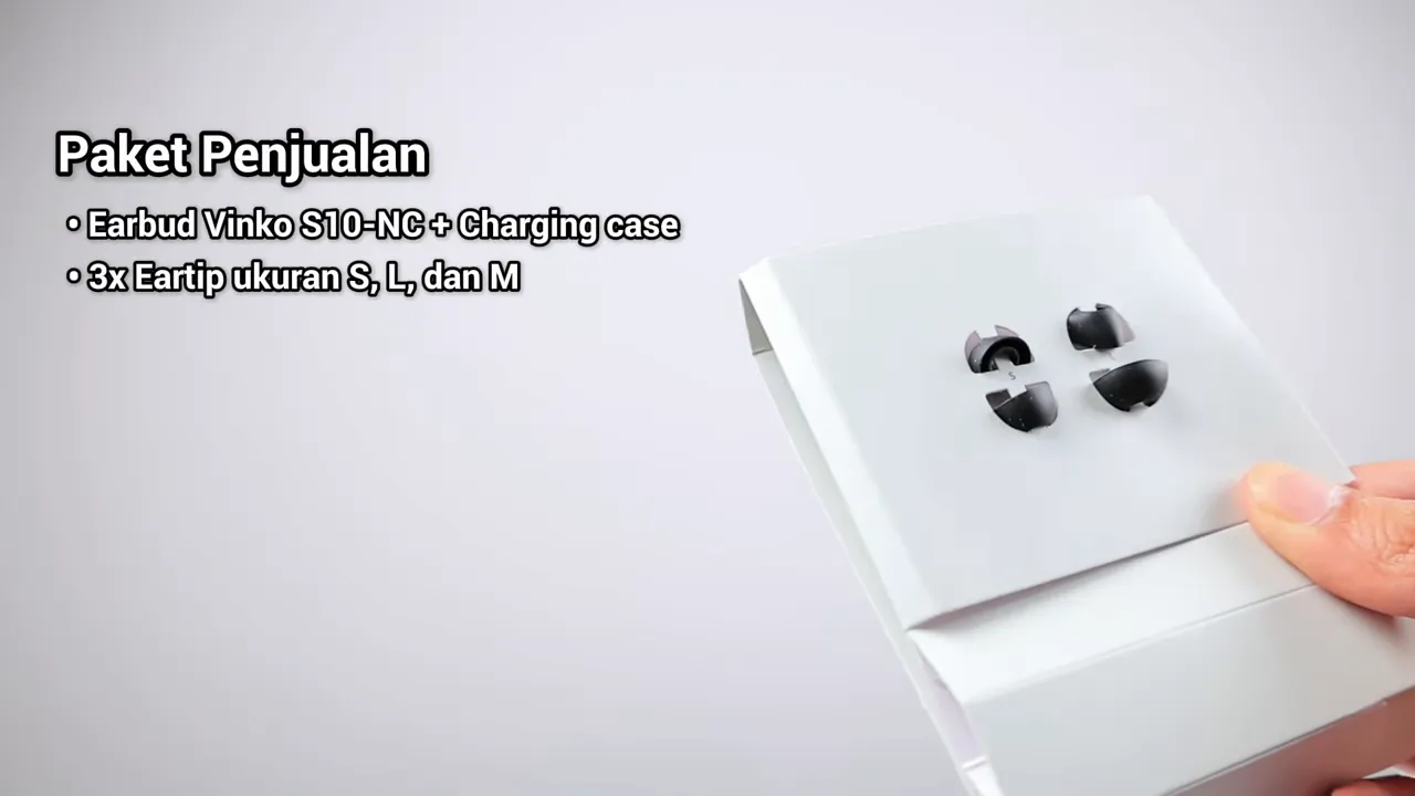 Kartu insert yang menampilkan tiga pasang eartips Vinko S10‑NC dengan teks 'Paket Penjualan' di layar.